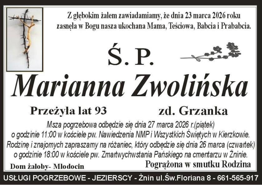 Marianna  Zwolińska z domu Grzanka 