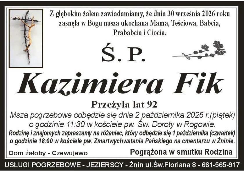 Nekrolog: śp. Kazimiera Fik, zm. 30 września 2026 r.