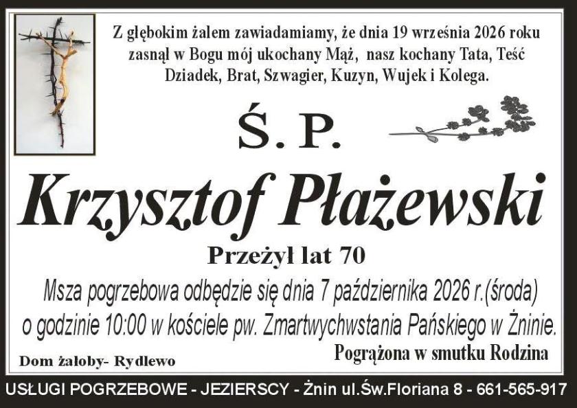 Nekrolog: śp. Krzysztof Płażewski, zm. 19 września 2026 r.