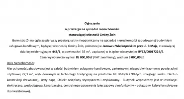 Ogłoszenie  o przetargu na sprzedaż nieruchomości stanowiącej własność Gminy Żnin