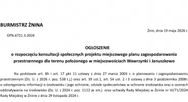 OGŁOSZENIE o rozpoczęciu konsultacji społecznych projektu miejscowego planu zagospodarowania przestrzennego dla terenu położonego w miejscowościach Wawrzynki i Januszkowo
