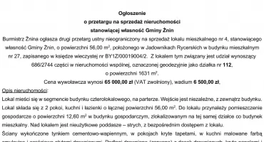 Ogłoszenie  o przetargu na sprzedaż nieruchomości stanowiącej własność Gminy Żnin.