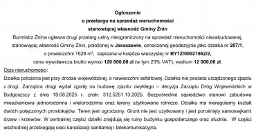 Ogłoszenie  o przetargu na sprzedaż nieruchomości stanowiącej własność Gminy Żnin.