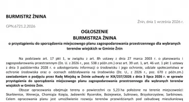 OGŁOSZENIE  BURMISTRZA ŻNINA  o przystąpieniu do sporządzenia miejscowego planu zagospodarowania przestrzennego dla wybranych terenów wiejskich w Gminie Żnin