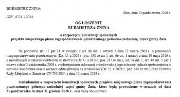 OGŁOSZENIE  BURMISTRZA Żnina   o rozpoczęciu konsultacji społecznych projektu miejscowego planu zagospodarowania przestrzennego północno-zachodniej części gminy Żnin