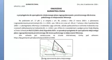 OGŁOSZENIE  BURMISTRZA Żnina  o przystąpieniu do sporządzenia miejscowego planu zagospodarowania przestrzennego dla terenu położonego w miejscowości Wenecja