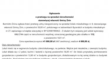 Ogłoszenie  o przetargu na sprzedaż nieruchomości stanowiącej własność Gminy Żnin
